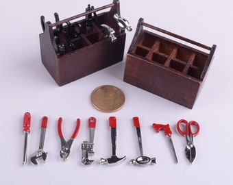 Mini toolkit,tool model,Dollhouse Miniature Tool,Black/red Metal wrench hammer scissor Model Set,Wooden tool box,Parts Toys Hobbies (gift)