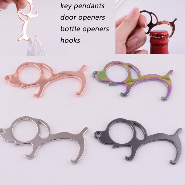 Ouvre-porte, forme de chien No Touch Button Pusher Keychain pendentif, ouvre-bouteille de bière,Argent/or rose/pistolet noir/crochet d’arc-en-ciel (cadeau spécial)