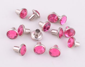 Pink Rhinestone Rivet Studs,7mm Single Cap crystal rivets Metal Brass Rapid rivets for Leather Fashion Studs Purse Belt  Decoration 50 pcs