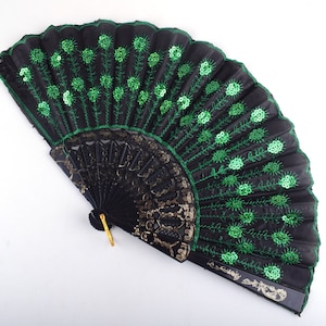 Ventilador plegable, 9 pulgadas longitud verde pavo real chino seda fans, ventiladores de mano de flor de moda para realizar accesorios / boda / regalo de verano