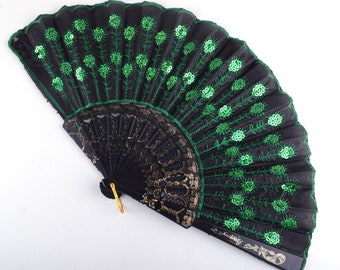 Folding fan,9 inch Length Green peacock  Chinese Silk Fans,fashion flower hand fans for performing props/Wedding/Summer Gift