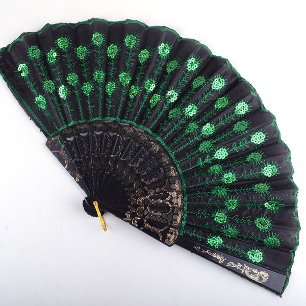Ventilateur pliant, 9 pouces Longueur Green paon Chinois Fans de soie, ventilateurs de main de fleur de mode pour effectuer des accessoires/mariage/cadeau d’été