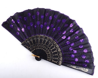 Hand Fans,Chinese Silk Fans,9 inch Length Purple Black charm flower Bamboo Folding Fans for performing props.Wedding Summer Gift