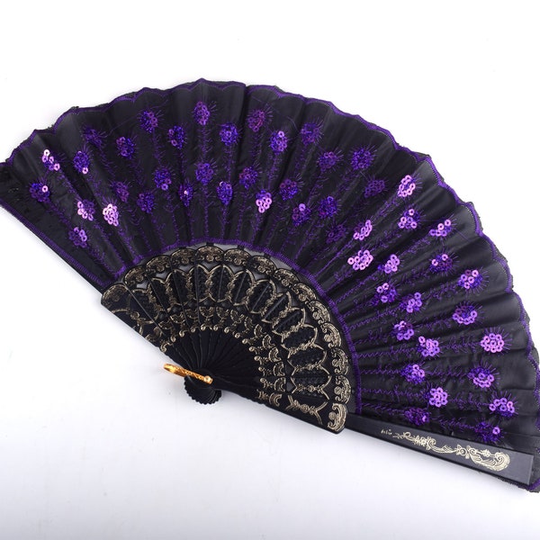 Hand Fans,Chinese Silk Fans,9 inch Length Purple Black charm flower Bamboo Folding Fans for performing props.Wedding Summer Gift