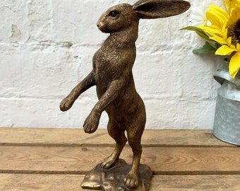 Vintage Bronze Effect Resin 2 Hare Rabbits Couple Statue Sculpture Ornament Gift