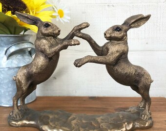 Vintage Bronze Effect Resin 2 Hare Rabbits Couple Statue Sculpture Ornament Gift