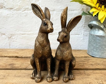 2 Hare Ornaments Antique Silver Finish Resin Sculpture Ornament Ideal Gifts New