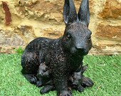 Bronze Effect Resin Sitting Mother Rabbit Bunnies Garden Lawn Statue Ornament
