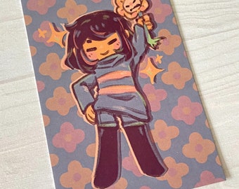 May include: A cartoon illustration of a character with brown hair and a blue and pink striped shirt holding a yellow flower with a face on it. The character is standing on a purple background with a pattern of pink flowers.