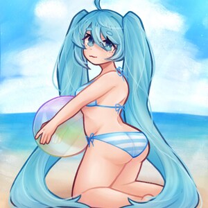 May include: A blue-haired anime character wearing a blue and white striped bikini holds a clear beach ball on a sandy beach.