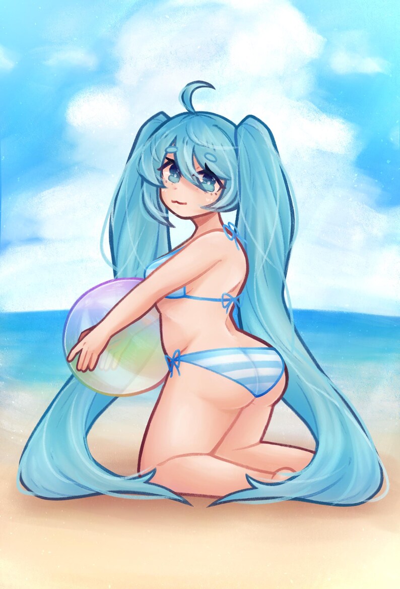May include: A blue-haired anime character wearing a blue and white striped bikini holds a clear beach ball on a sandy beach.