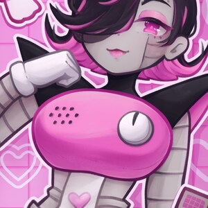 May include: A pink and black robot with a pink heart on its chest. The robot has a pink phone-like device on its chest with a white button and a black speaker. The robot has pink hair and a black and white striped arm.