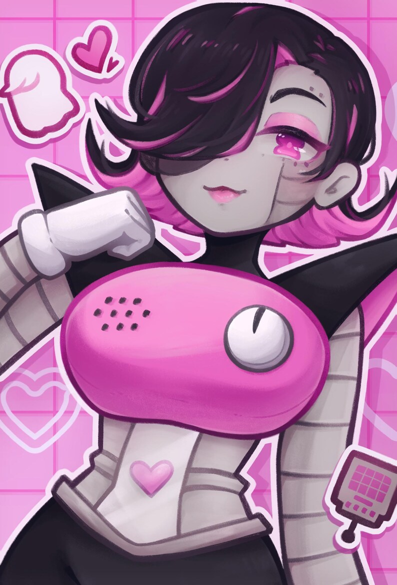 May include: A pink and black robot with a pink heart on its chest. The robot has a pink phone-like device on its chest with a white button and a black speaker. The robot has pink hair and a black and white striped arm.
