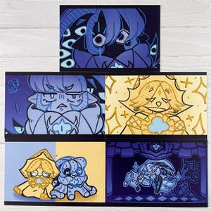 May include: Set of five art prints featuring stylized illustrations in shades of blue and gold. The prints showcase various character designs with geometric and organic elements, set against dark backgrounds.