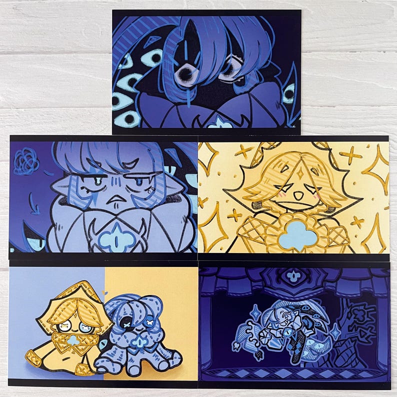 May include: Set of five art prints featuring stylized illustrations in shades of blue and gold. The prints showcase various character designs with geometric and organic elements, set against dark backgrounds.