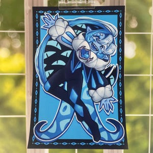 May include: A colourful illustration of a character in blue and black. The character has a white ruffled collar and cuffs, with a diamond pattern on the clothing. The background is light blue with a dark blue border.