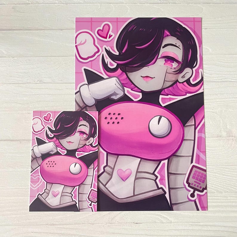 May include: A pink and black illustration of a robot character with a pink phone-shaped chest and a black and white striped skirt. The character has pink hair and a pink heart on their chest.