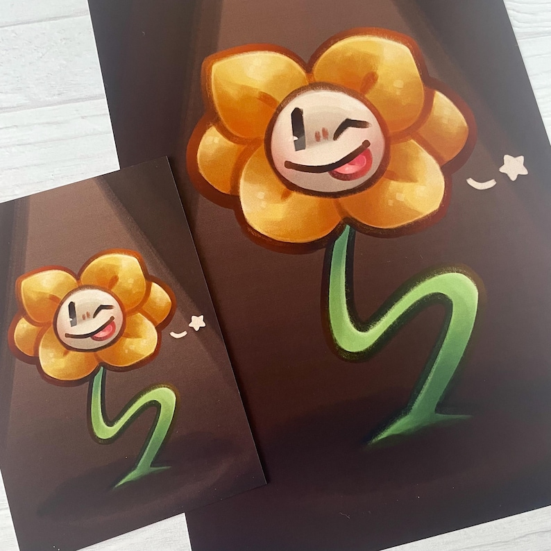 May include: Two illustrations of a yellow flower with a green stem and a winking face. The flower is on a brown background with a white star.