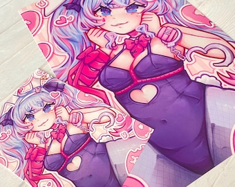 May include: Two illustrations of a character with long blue hair wearing a purple outfit with pink accents and a heart-shaped cutout. The character is wearing a pink choker with a bow and has pink hearts around them.