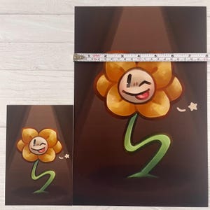 May include: A yellow flower with a smiling face and a winking eye. The flower has a green stem that is curved into an 'S' shape. The flower is in a spotlight against a dark brown background.