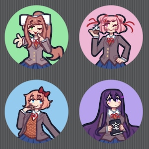 May include: Four circular buttons featuring anime characters from the game Doki Doki Literature Club. Each button has a different character with a different background color. The first button is green and features Monika, the second button is pink and features Sayori, the third button is blue and features Natsuki, and the fourth button is purple and features Yuri.
