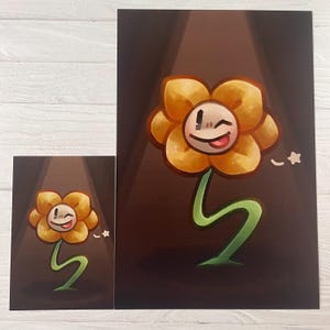 May include: A yellow flower with a smiling face and a winking eye. The flower has a green stem and is set against a dark brown background.