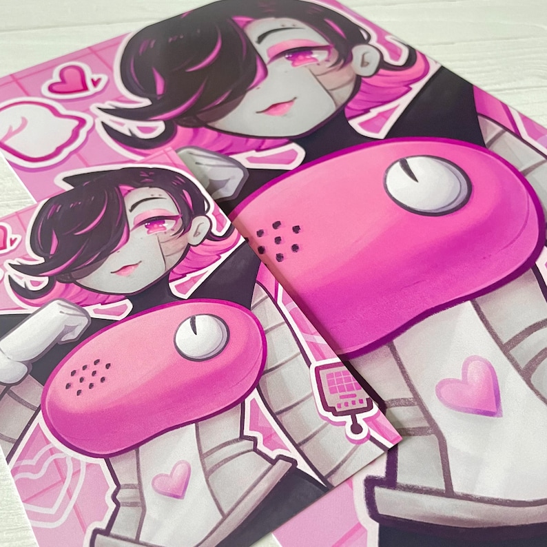 May include: A pink and white illustration of a character with black hair and a pink heart on their chest. The character is wearing a white and black striped shirt and has a pink phone on their chest. The background is pink with white hearts.