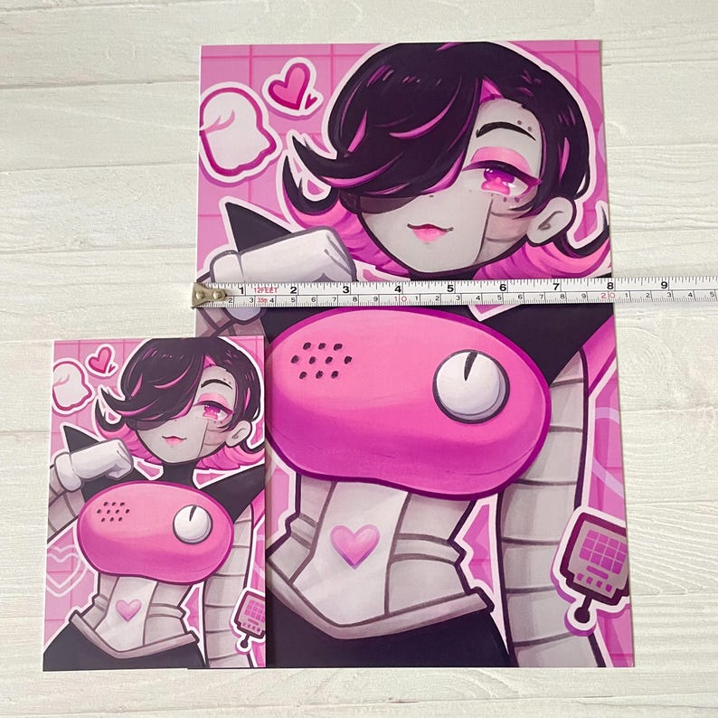 May include: A pink and black illustration of a robot character with a pink heart on its chest. The character has black hair and a pink phone on its chest. The background is pink with white squares.