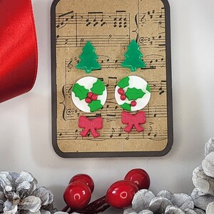 Holly and Berries, Tree and Red Bows Triple Earring Set
