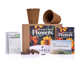 growbro - FLOWER POWER - Essbare Blüten Anzucht-Set, Dein Samen Mix für essbare Blumen und als Bienenwiese Saatgut # Pflanzen Geschenk