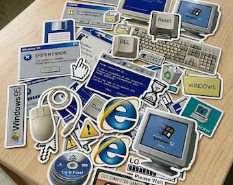 May include: A collection of retro computer-themed stickers featuring Windows 95 and XP error messages, a beige computer mouse, a floppy disk, a cassette tape, an AOL disc, keyboard keys, and the Internet Explorer logo on a light wood surface.
