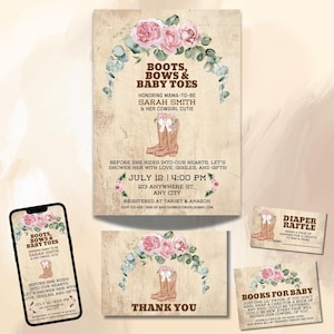 Cowgirl Baby Shower Bundle Editable Template – Little Cowgirl Invite, Wild West Baby Shower Kit, Pink Floral Western Canva Template
