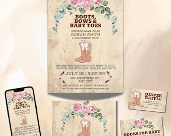 Cowgirl-Babyparty-Bundle bearbeitbare Vorlage - Kleines Cowgirl einladen, Wild West-Babypartykit, rosa Blumen-Western-Canva-Vorlage