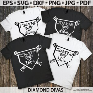 May include: Four white and black t-shirts with a baseball diamond graphic and the text "DIAMOND DIVAS" and "DIAMOND Diva".