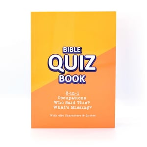 Puede incluir: Un libro de preguntas bíblicas con una cubierta naranja y amarilla brillante. El título "BIBLE QUIZ BOOK" está en letras grandes, blancas y azules. El libro incluye tres categorías de cuestionarios: Occupations, Who Said This? y What's Missing?