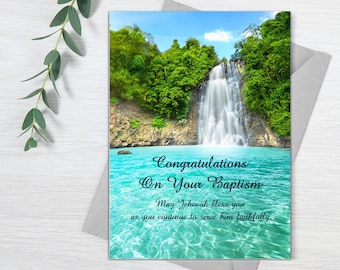 May include: A greeting card with a photo of a waterfall in a lush green forest. The card reads "Congratulations on Your Baptism. May Jehovah bless you as you continue to serve him faithfully."
