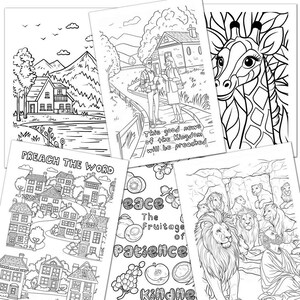Peut inclure: Pages &agrave; colorier en noir et blanc avec des illustrations d'une maison, d'une girafe, d'un groupe de lions et d'une ville. Les pages comprennent le texte "Preach the Word", "This good news of the Kingdom will be preached", et "Peace, The Fruitage of Patience, Kindness".