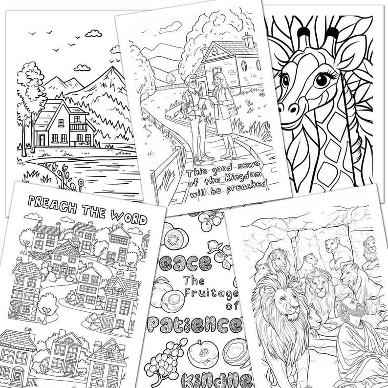 Peut inclure: Pages &agrave; colorier en noir et blanc avec des illustrations d'une maison, d'une girafe, d'un groupe de lions et d'une ville. Les pages comprennent le texte "Preach the Word", "This good news of the Kingdom will be preached", et "Peace, The Fruitage of Patience, Kindness".