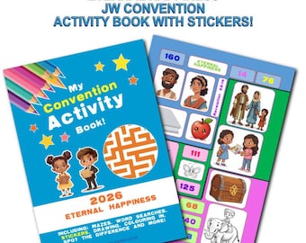Può includere: Un libro di attività blu con il testo "My Convention Activity Book!" e le parole "2026 Eternal Happiness". Il libro include labirinti, cruciverba, adesivi e altro. Una seconda pagina mostra illustrazioni e numeri.