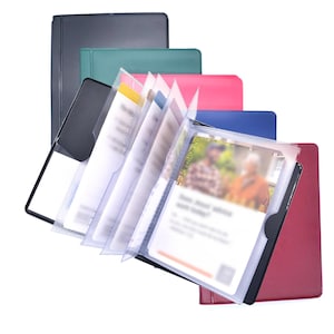 May include: A collection of multi-colored document folders featuring clear plastic sleeves for organizing papers. The set includes folders in black, teal, pink, blue, and red, with internal transparent pockets displaying various documents and cards.