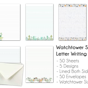 Bloc de notas tamaño carta de la Watchtower de JW: 50 hojas (opción de 50 sobres), con rayas en ambos lados