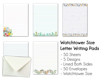 JW Watchtower Size Letter Writing Pad - 50 Sheets - option of 50 Envelopes - Lined Both Sides