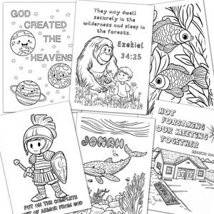 Peut inclure: Pages &agrave; colorier en noir et blanc avec des versets bibliques et des illustrations. Les pages comprennent des images d'une baleine, d'un poisson, d'une maison, d'un homme en armure et d'un gorille. Le texte comprend des versets d'&Eacute;z&eacute;chiel et d'H&eacute;breux.