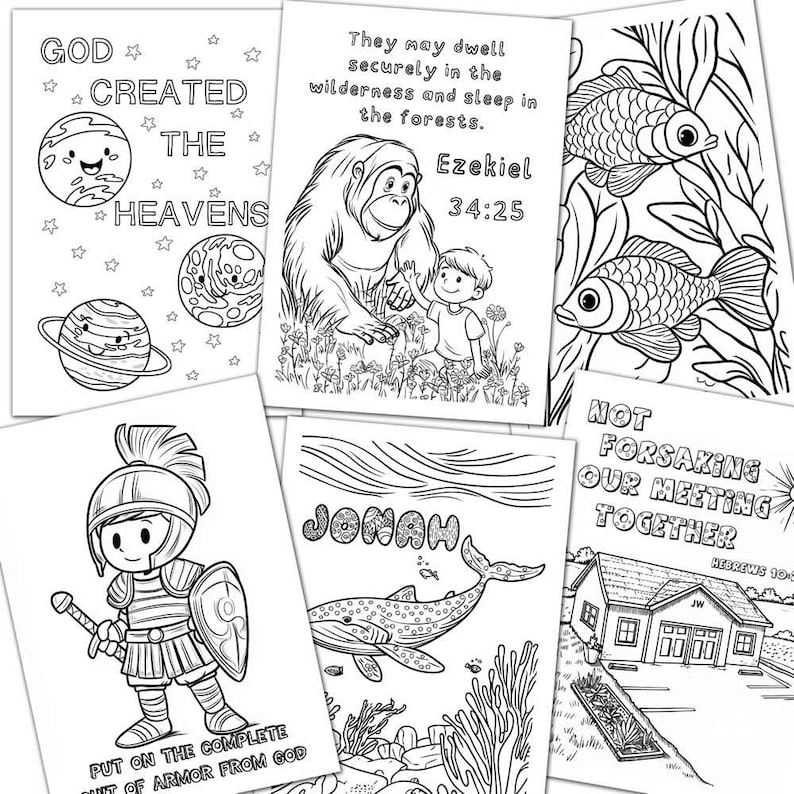 Peut inclure: Pages &agrave; colorier en noir et blanc avec des versets bibliques et des illustrations. Les pages comprennent des images d'une baleine, d'un poisson, d'une maison, d'un homme en armure et d'un gorille. Le texte comprend des versets d'&Eacute;z&eacute;chiel et d'H&eacute;breux.