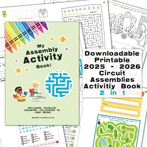 Puede incluir: Una colección de libros de actividades imprimibles. El libro principal es de color verde claro y tiene el título "My Assembly Activity Book!" e incluye rompecabezas, dibujos y para colorear. Otras páginas presentan laberintos, dibujos para colorear y sopas de letras. Para niños.
