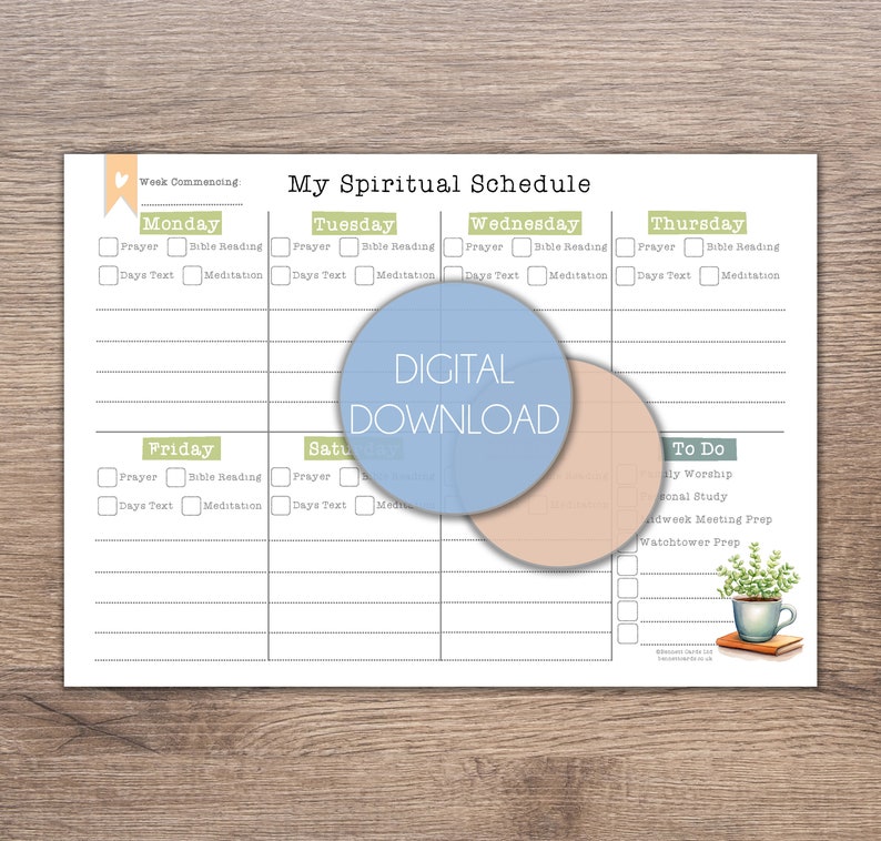 My Spiritual Schedule JW Jehovah's Witnesses Downloadable Weekly, Daily Planner calendar