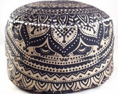 Black Ombre Mandala Round Seating Pouf Cover, Ottoman Furniture, Storage Ottoman, Living Room Ottoman, Foot Stool Decor 14 x 24 quot ROP1009