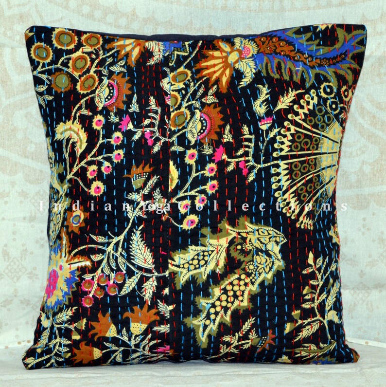 Cotton Kantha Cushion Cover Decorative Pillow Handmade Throw Sofa Pillow Cover Kantha Quilted Boho Dorm Decor Cushion 24X24 inch # IY5555