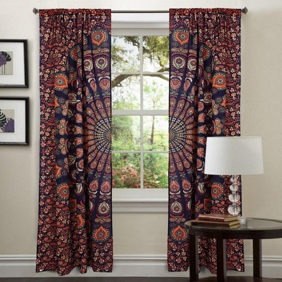 Maroon And Blue Window Curtains Indian Mandala Curtain Etsy