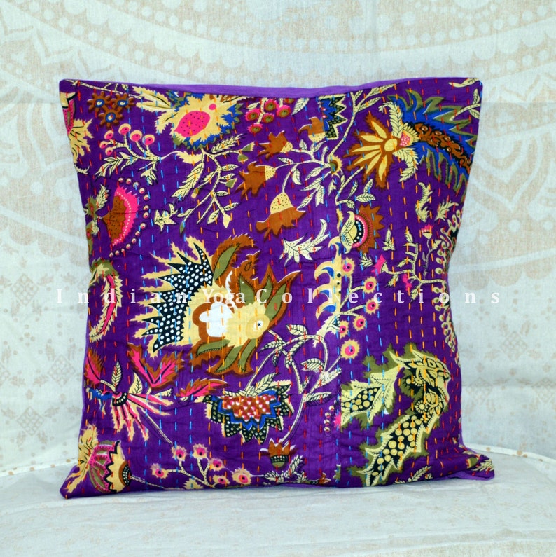 Cotton Kantha Cushion Cover Decorative Pillow Handmade Throw Sofa Pillow Cover Kantha Quilted Boho Dorm Decor Cushion 24X24 inch # IY5555